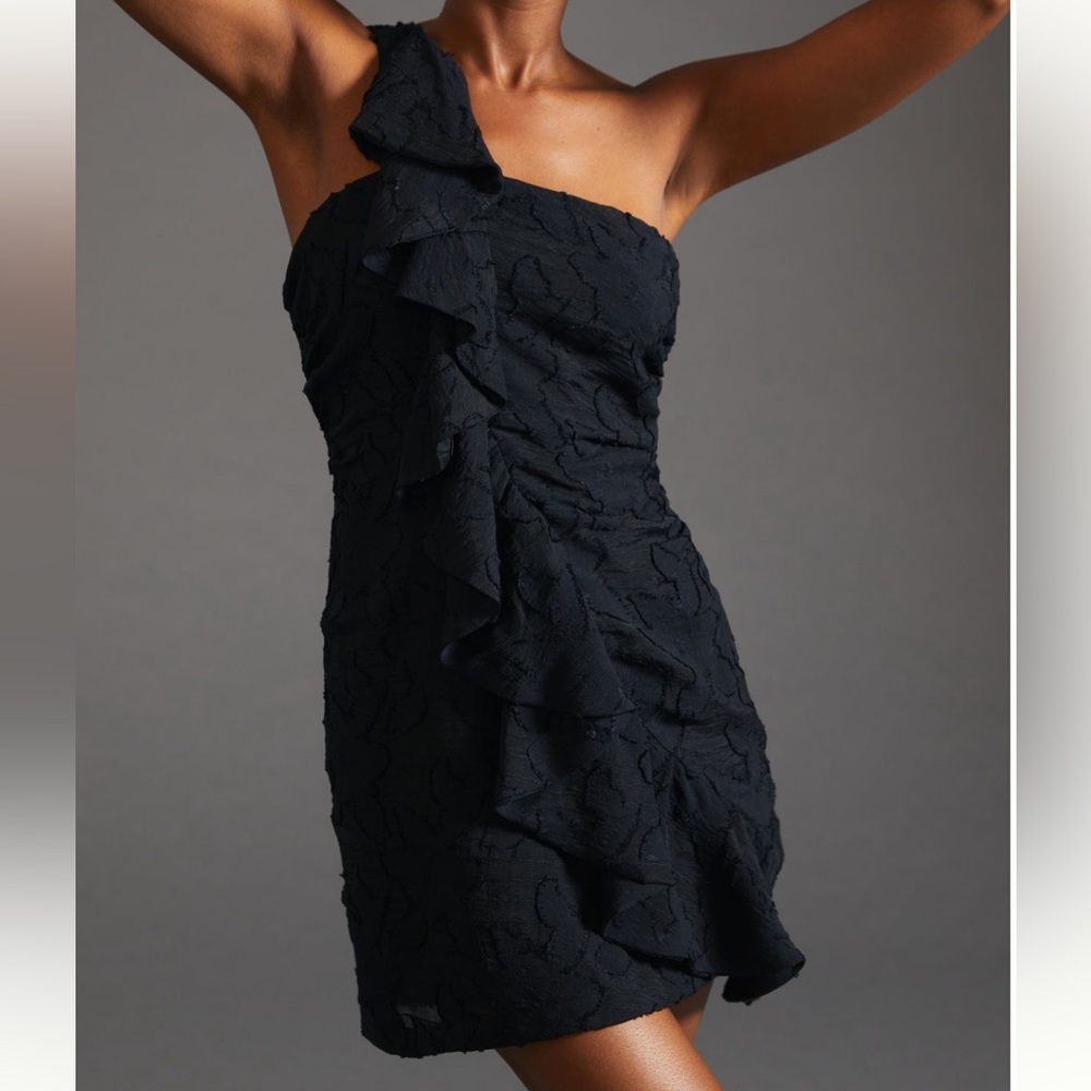 Black One Shoulder Anthropologie Ruffle Dress